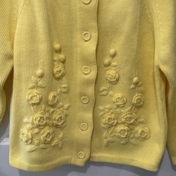 Vintage Agashi Yellow Floral Rosette Knit Button Up Cardigan Sweater - Picture 2 of 6